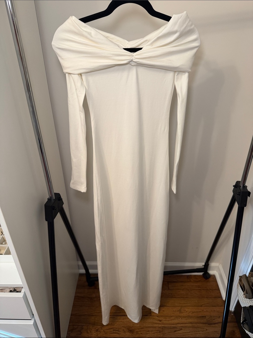 Commense Off-Shoulder Long Ivory Twist-Front Dress